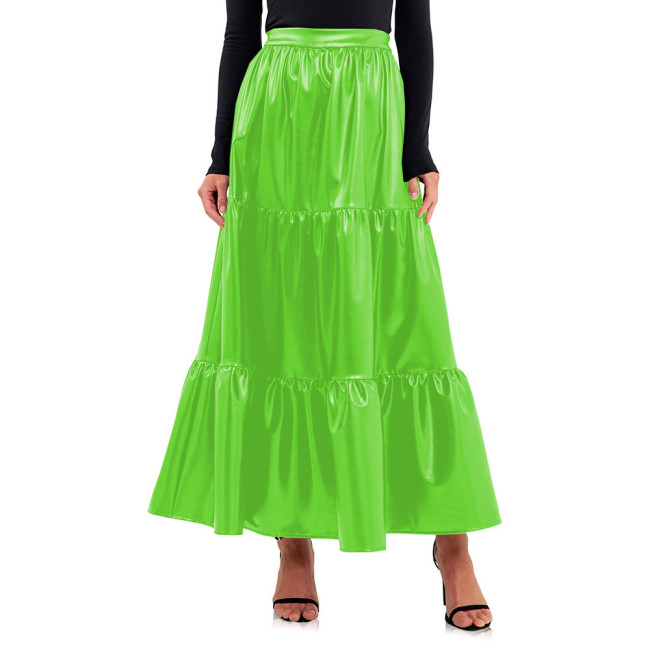 Fashion Street PU Leather Long Skirt Splices Three Layer Cake A-line Skirt Gothic High Waisted Elastic Loose Matte Leather Skirt