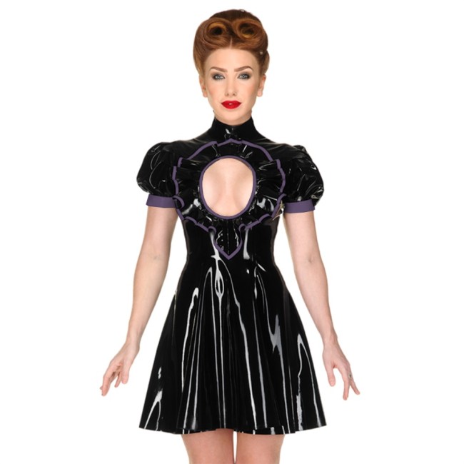 Sexy Exotic Frills Chest Open Shiny PVC Leather Dress High Neck Puff Short Sleeve Cutout A-line Dress Rave Dance Dress Clubwear