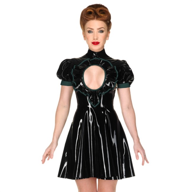 Sexy Exotic Frills Chest Open Shiny PVC Leather Dress High Neck Puff Short Sleeve Cutout A-line Dress Rave Dance Dress Clubwear