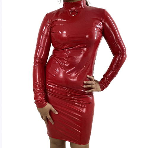 Sexy Party PVC Bodycon Knee Length Dress Metal Ring Decor Neck Dress Glossy Leather Long Sleeve Back Zipper Slim Dress Clubwear