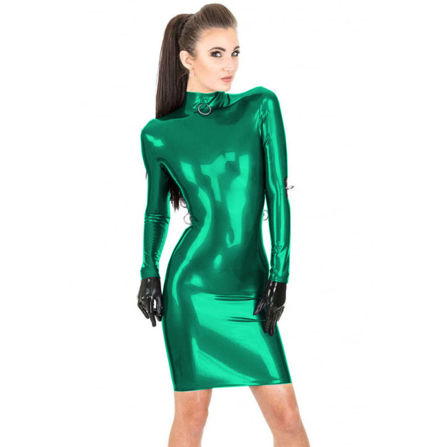 Wetlook Shiny PVC Leather Bodycon Knee Length Dress High Neck Long Sleeve Sheath Dress Metal Ring Decor Erotic Dress Clubwear