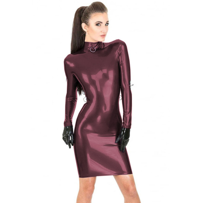 Wetlook Shiny PVC Leather Bodycon Knee Length Dress High Neck Long Sleeve Sheath Dress Metal Ring Decor Erotic Dress Clubwear