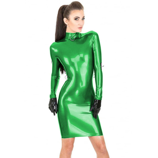 Wetlook Shiny PVC Leather Bodycon Knee Length Dress High Neck Long Sleeve Sheath Dress Metal Ring Decor Erotic Dress Clubwear