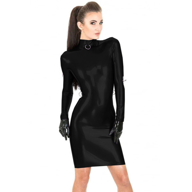 Wetlook Shiny PVC Leather Bodycon Knee Length Dress High Neck Long Sleeve Sheath Dress Metal Ring Decor Erotic Dress Clubwear