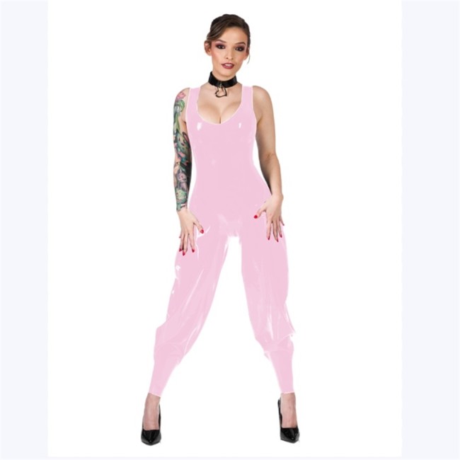 Women's Wet Look Glossy Leather Sleeveless Jumpsuit Sexy Scoop Neck Loose Harem Pants Leotard Shiny PVC Party Bodysuit Clubwear