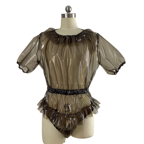 Transparent PVC Women Bodysuit Fetish Plastic Zipper Leotard with Ruffles Decoration Exotic Short Sleeve Waist Elastic Playsuit