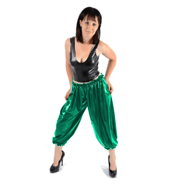 Womens Shiny PVC Leather Ruffled Bloomers Exotic Elastic Frills Calf-length Shorts Pant Fashion Casual Loose Capris Club Costume