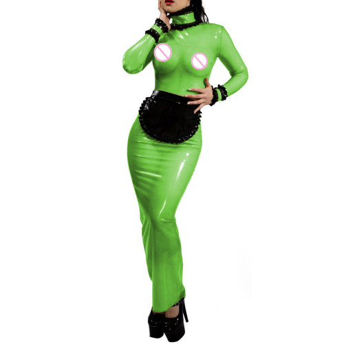 See-through Plastic PVC Leather Patchwork Ruffles Long Sleeve Sheath Bodycon Maxi Dress With Apron Maid Sexy Erotic Fetish S-7XL