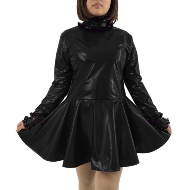 High Collar Black Frills Faux Latex Mini Dress Long Sleeve Shiny PVC Leather Dress Exotic Pleated A-line Dress Clubwear Custom