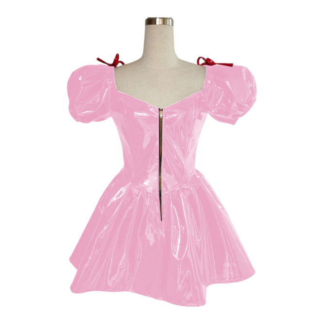 Chic Vintage PVC Shiny Mini Princess Dress Sweetheart Neck Small Bow Zipper Puffy Dress Short Sleeve Party Pleated A-line Dress