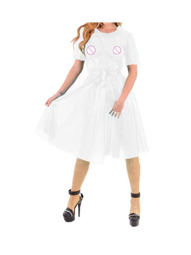 Erotic Fetish See-through Clear Plastic PVC Leather Short Sleeve Transparency Lace-up Pleated Swing Dress Lingerie Summer S-7XL