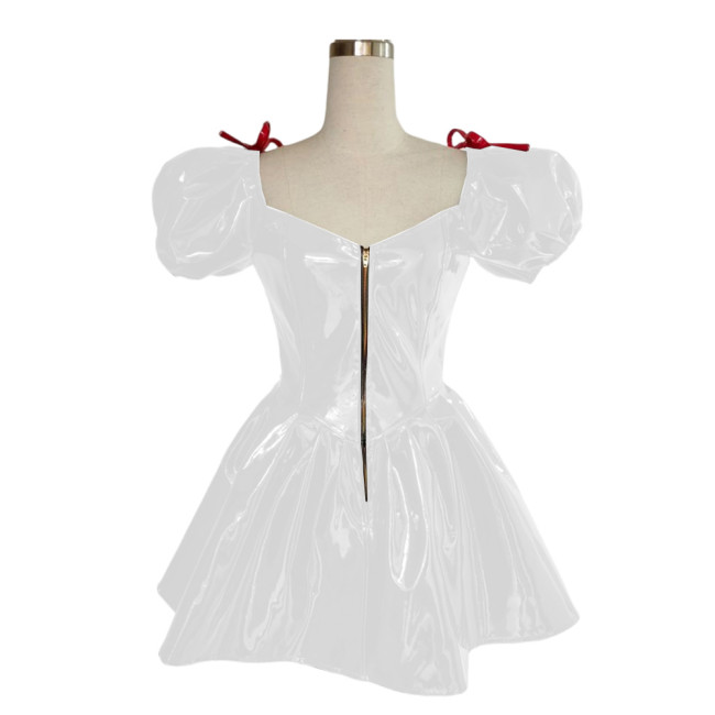 Chic Vintage PVC Shiny Mini Princess Dress Sweetheart Neck Small Bow Zipper Puffy Dress Short Sleeve Party Pleated A-line Dress