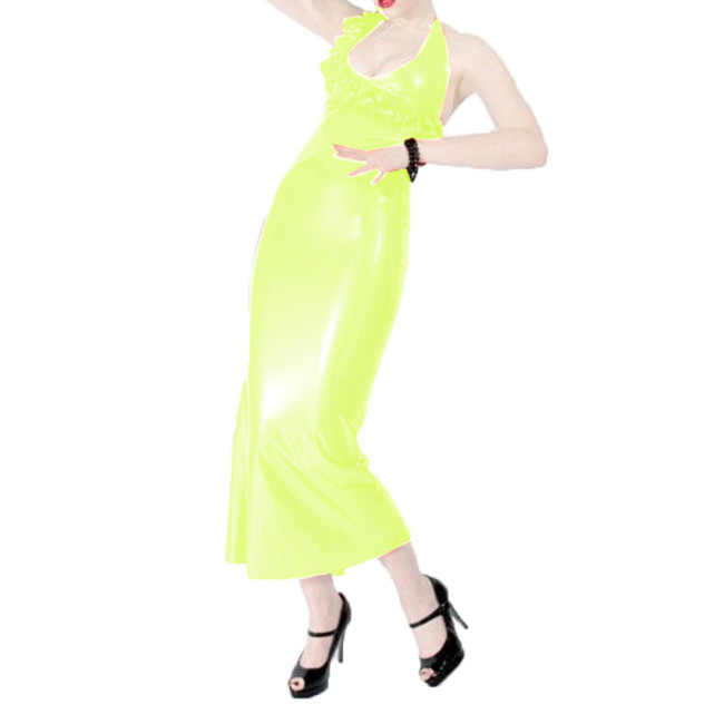 Vintage Female Halter Summer Women Sexy Sleeveless Deep V Neck Sheath Dress Ruffles Decor Bodycon Dresses Evening Club Party 7XL