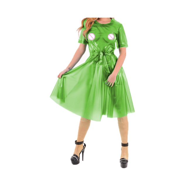 Erotic Fetish See-through Clear Plastic PVC Leather Short Sleeve Transparency Lace-up Pleated Swing Dress Lingerie Summer S-7XL