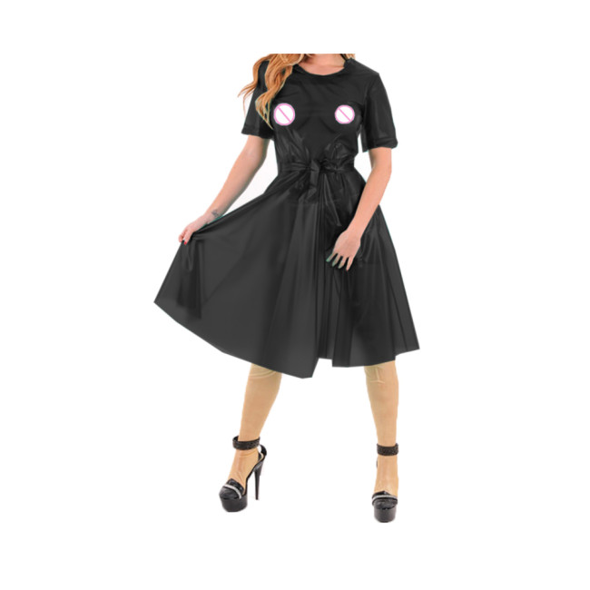 Erotic Fetish See-through Clear Plastic PVC Leather Short Sleeve Transparency Lace-up Pleated Swing Dress Lingerie Summer S-7XL