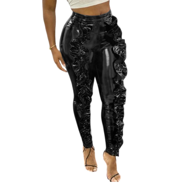 Skinny Latex Faux Leather Ruffle Pants Plus Size Shiny PVC Stretch Club Leggings Women Slim Mid Waist Sexy Bodycon Pant Custom