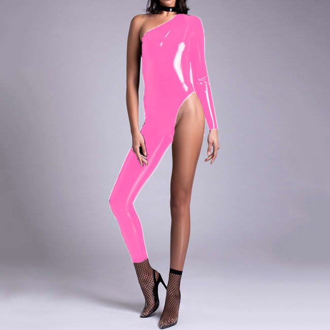 7XL Wet Look Faux Latex PVC Leather One Legged One Shoulder Bodycon Sheath Jumpsuit Romper Women Sexy Party Club Slim One Piece