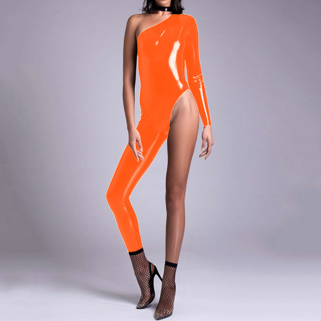 7XL Wet Look Faux Latex PVC Leather One Legged One Shoulder Bodycon Sheath Jumpsuit Romper Women Sexy Party Club Slim One Piece