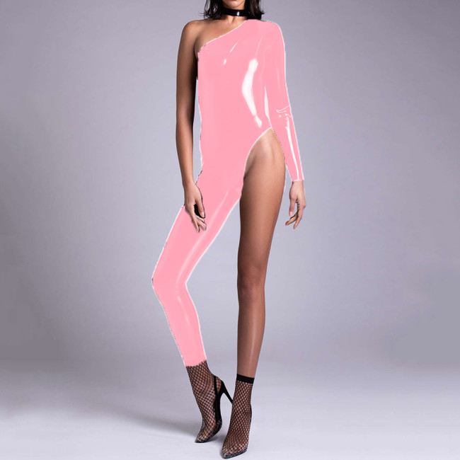 7XL Wet Look Faux Latex PVC Leather One Legged One Shoulder Bodycon Sheath Jumpsuit Romper Women Sexy Party Club Slim One Piece