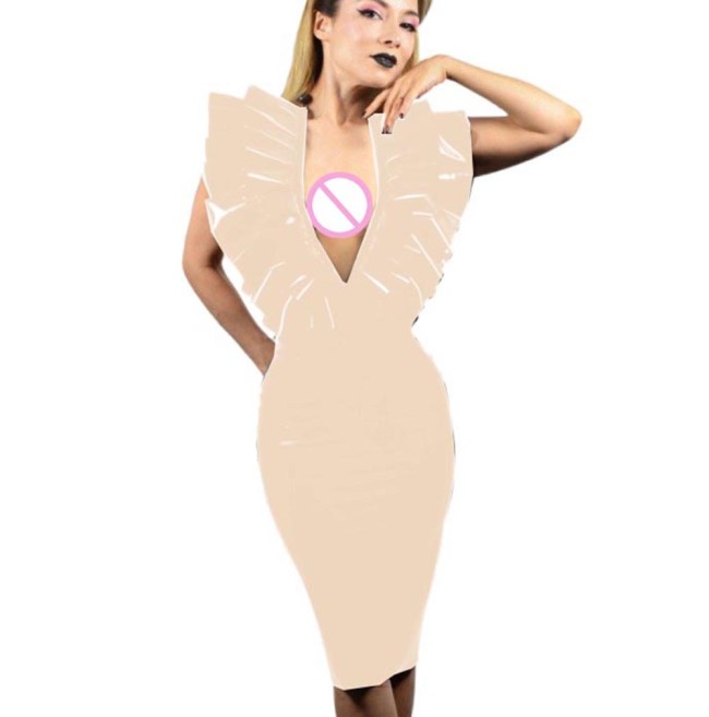 Summer Sexy PVC Leather Sleeveless Dresses Faux Latex V-Neck Halter Backless Knee-length Dress Bodycon Dresses Party Club S-7XL