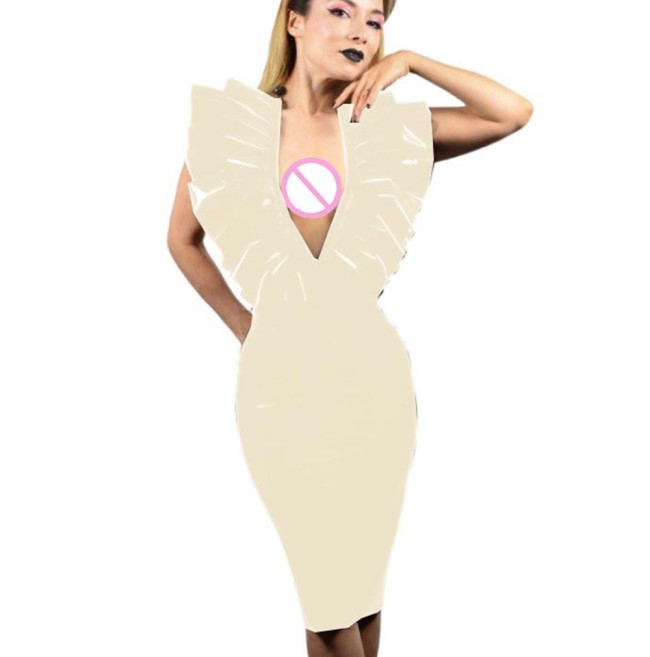 Summer Sexy PVC Leather Sleeveless Dresses Faux Latex V-Neck Halter Backless Knee-length Dress Bodycon Dresses Party Club S-7XL