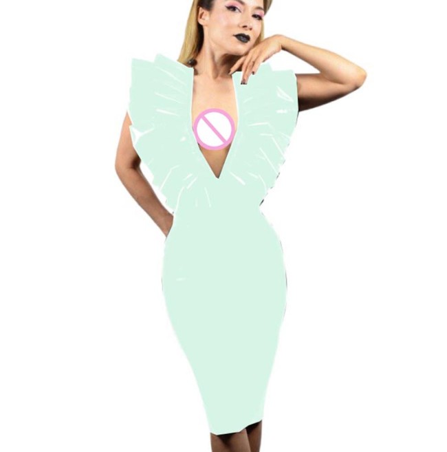 Summer Sexy PVC Leather Sleeveless Dresses Faux Latex V-Neck Halter Backless Knee-length Dress Bodycon Dresses Party Club S-7XL
