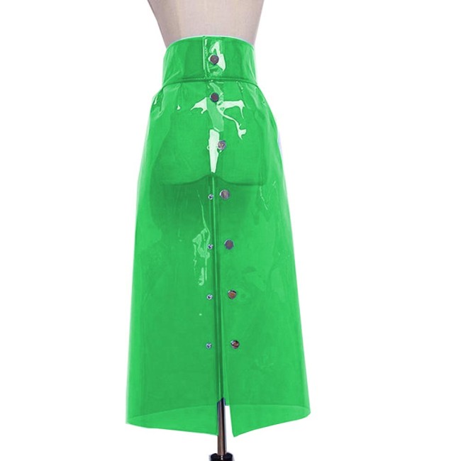 Fashion Sissy Plastic PVC See-through Skirt Button Perspective Women Sexy Maxi Skirts Erotic Lingerie Party Porno Ladies Club7XL