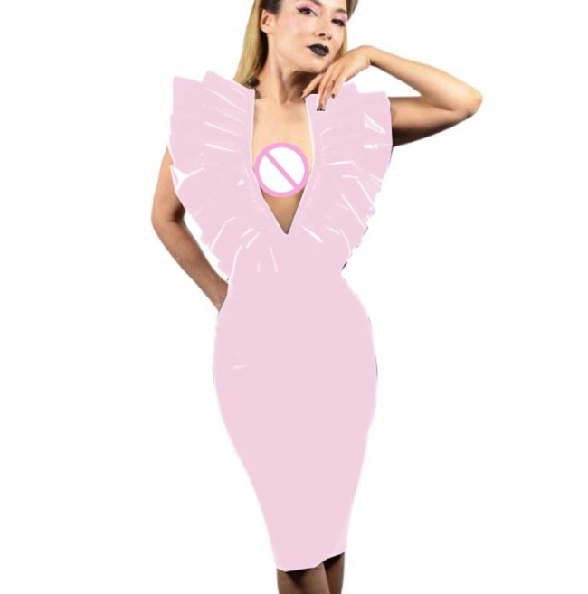 Summer Sexy PVC Leather Sleeveless Dresses Faux Latex V-Neck Halter Backless Knee-length Dress Bodycon Dresses Party Club S-7XL