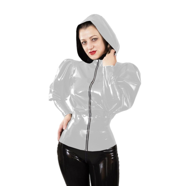 Women PVC Shiny Jacket Club Faux Latex Slim Puff Long Sleeve Hooded Coat Streetwear Solid Big Size Zip-up Top T-shirt Nightclub