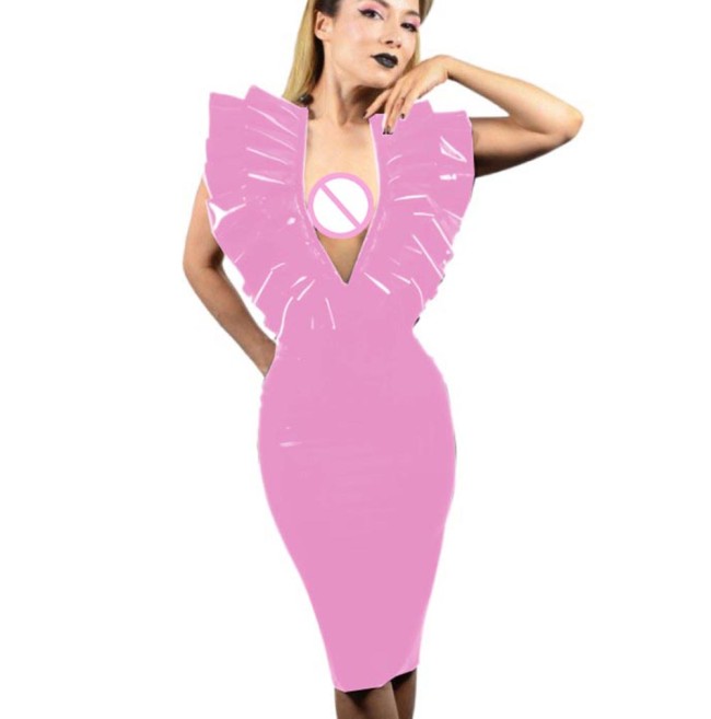 Summer Sexy PVC Leather Sleeveless Dresses Faux Latex V-Neck Halter Backless Knee-length Dress Bodycon Dresses Party Club S-7XL