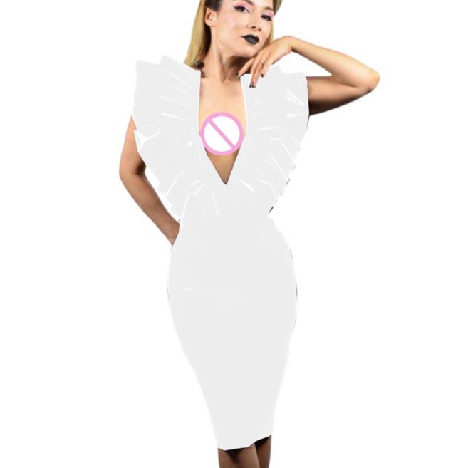 Summer Sexy PVC Leather Sleeveless Dresses Faux Latex V-Neck Halter Backless Knee-length Dress Bodycon Dresses Party Club S-7XL