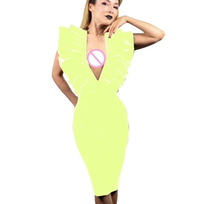 Summer Sexy PVC Leather Sleeveless Dresses Faux Latex V-Neck Halter Backless Knee-length Dress Bodycon Dresses Party Club S-7XL