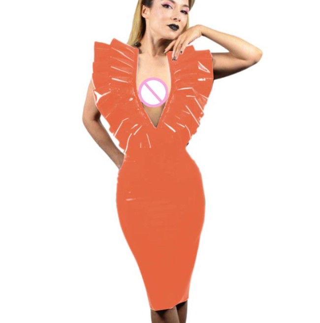 Summer Sexy PVC Leather Sleeveless Dresses Faux Latex V-Neck Halter Backless Knee-length Dress Bodycon Dresses Party Club S-7XL