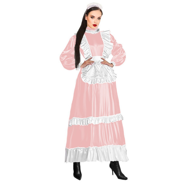 High Qualities French Maid Faux Latex Long Dress Puff Long Sleeves Apron with Trims Frills PVC Uniform Sissy Cosplay Clubwear