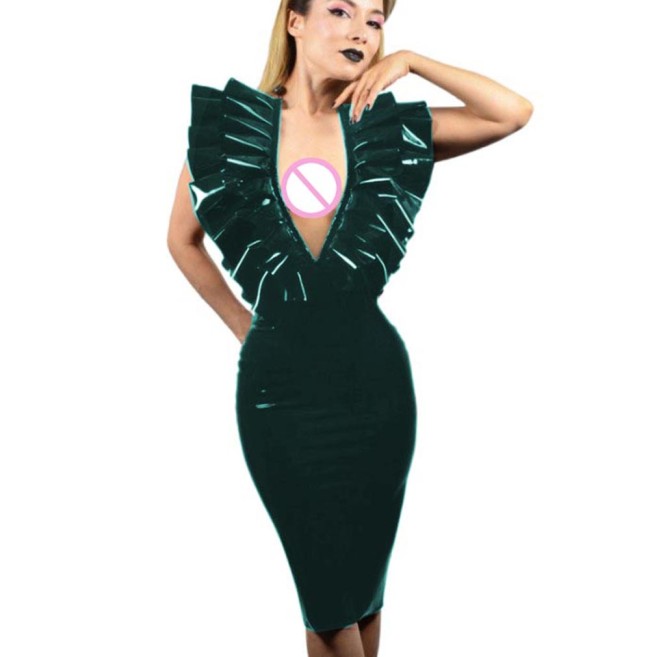 Summer Sexy PVC Leather Sleeveless Dresses Faux Latex V-Neck Halter Backless Knee-length Dress Bodycon Dresses Party Club S-7XL
