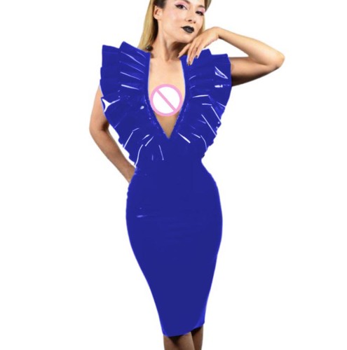Summer Sexy PVC Leather Sleeveless Dresses Faux Latex V-Neck Halter Backless Knee-length Dress Bodycon Dresses Party Club S-7XL