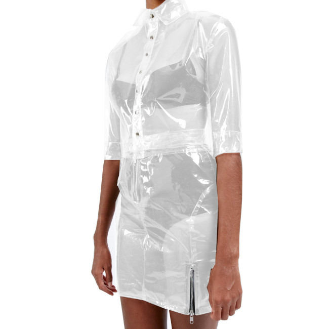 Fashion Gothic 2pieces Set Sexy Transparency PVC See-through Tops Jacket and Mini Skirts Button Perspective Pencil Skirt Set