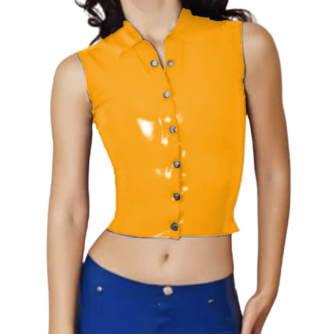 PVC Leather Button T-Shirts Tops Faux Latex Club Costume Wet Look PU Leather Clubwear Streetwear Women Summer Tops