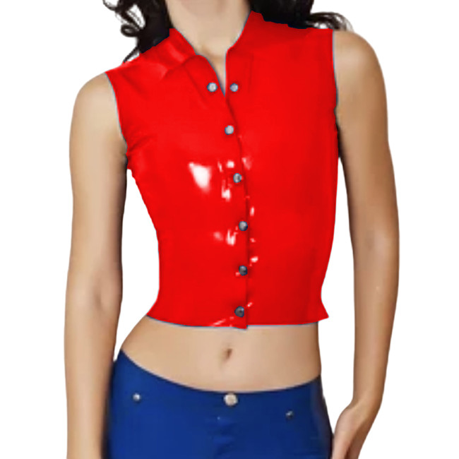 PVC Leather Button T-Shirts Tops Faux Latex Club Costume Wet Look PU Leather Clubwear Streetwear Women Summer Tops