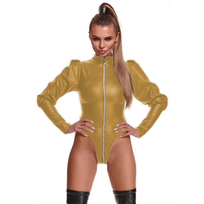 Women Sexy PU Leather Bodysuit Club Zipper Open Crotch Stretch Bodycon Rompers Long Puff Sleeve Mock Neck Big Size Solid Leotard