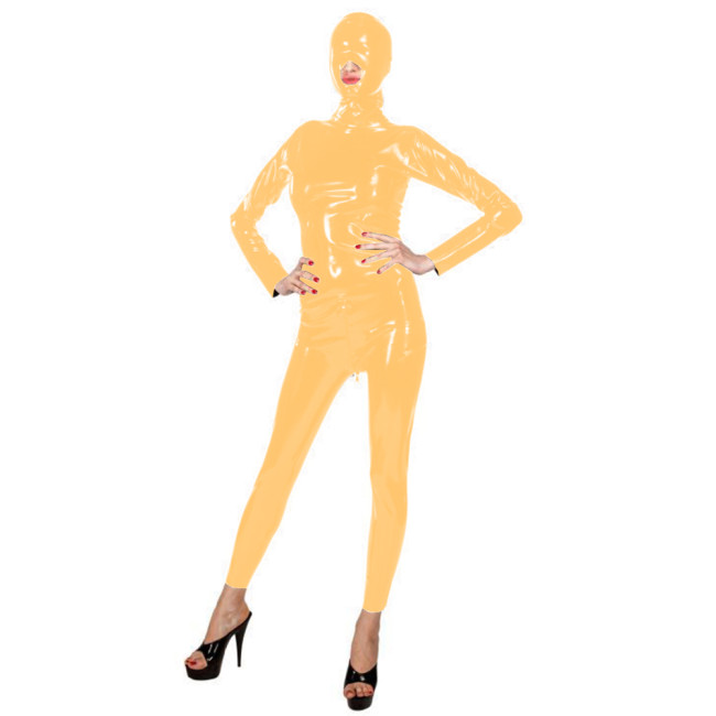 Sexy Faux Latex Fetish PVC Catsuit Bodysuit with Open Mouth Hood Zipper Open Crotch Jumpsuit Cosplay Zentai Wetlook Exotic Suits