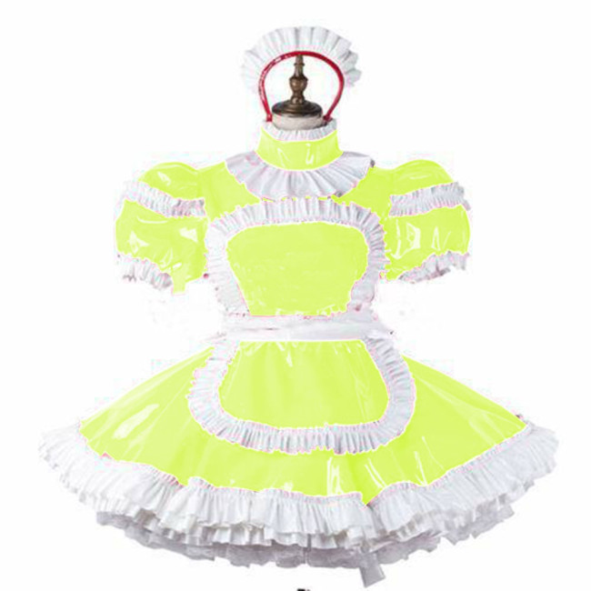 Cosplay Sissy Frills Apron Lockable Maid Dress Sexy PVC Puff Short Sleeve Turtleneck Maid Uniforms Adult Roleplay Servant Custom