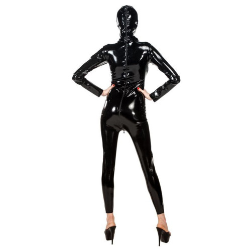 Sexy Faux Latex Fetish PVC Catsuit Bodysuit with Open Mouth Hood Zipper Open Crotch Jumpsuit Cosplay Zentai Wetlook Exotic Suits
