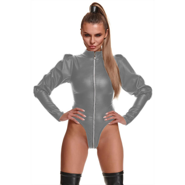 Women Sexy PU Leather Bodysuit Club Zipper Open Crotch Stretch Bodycon Rompers Long Puff Sleeve Mock Neck Big Size Solid Leotard