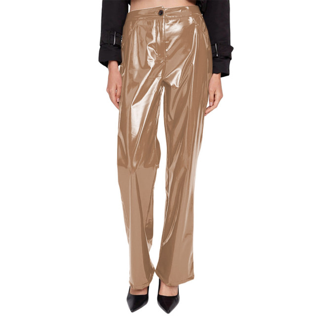 Shiny PVC Leather Straight Pants Women Sexy Faux Latex Trousers High Waist Solid Color Clubwear Casual Pencil Pants Streetwear