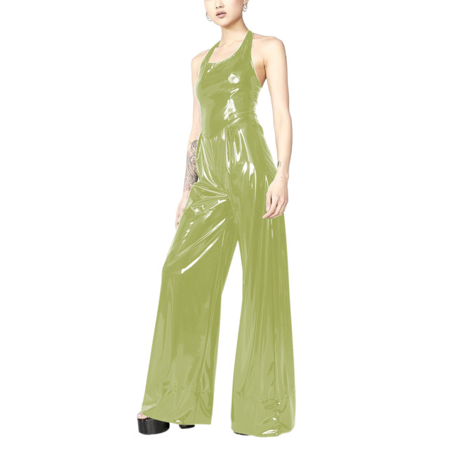 Shiny PVC Halter-neck Waisted Party Jumpsuit Sleeveless Backless Fashion Loose Wide Legs Pants Romper Summer High Streetwear