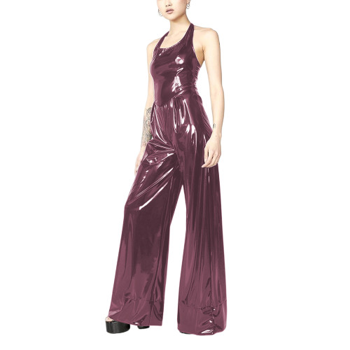 Shiny PVC Halter-neck Waisted Party Jumpsuit Sleeveless Backless Fashion Loose Wide Legs Pants Romper Summer High Streetwear