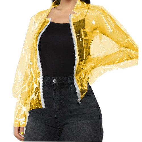 PVC Leather See-through Jacket With Packet Sexy Transparency Lapel Neck Front Zip Perspective Short Coat Party Club Costumes 7XL