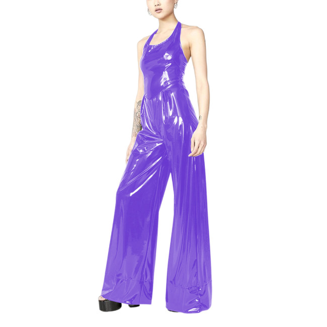 Shiny PVC Halter-neck Waisted Party Jumpsuit Sleeveless Backless Fashion Loose Wide Legs Pants Romper Summer High Streetwear