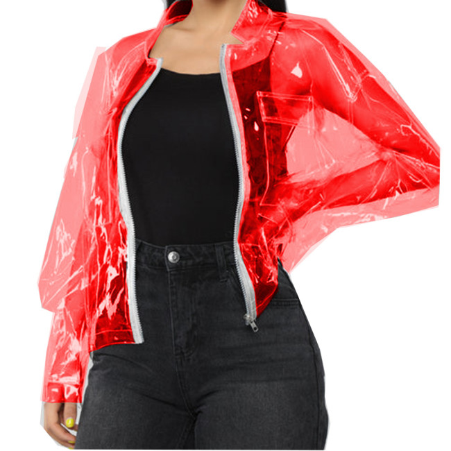 PVC Leather See-through Jacket With Packet Sexy Transparency Lapel Neck Front Zip Perspective Short Coat Party Club Costumes 7XL